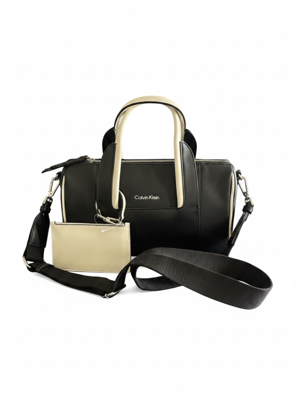 Calvin Klein Black Satchel with Cream Trim and Pouch